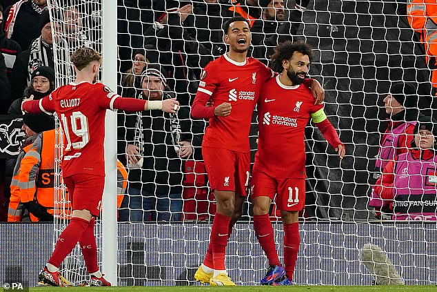 Liverpool 4-0 LASK: Cody Gakpo nets double as Jurgen Klopp's Reds secure top spot in Europa League group with rampant win at Anfield… with Mohamed Salah netting his 199th goal for the club