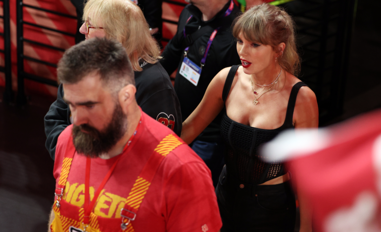 Fans in stitches at footage of Jason Kelce stumbling behind Travis Kelce and Taylor Swift during Super Bowl celebrations