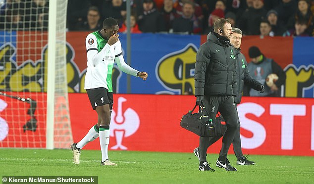 Liverpool suffer defensive scare as Ibrahima Konate hobbles off injured at Sparta Prague just days before their title crunch clash with Man City… with Joe Gomez taken off at half-time